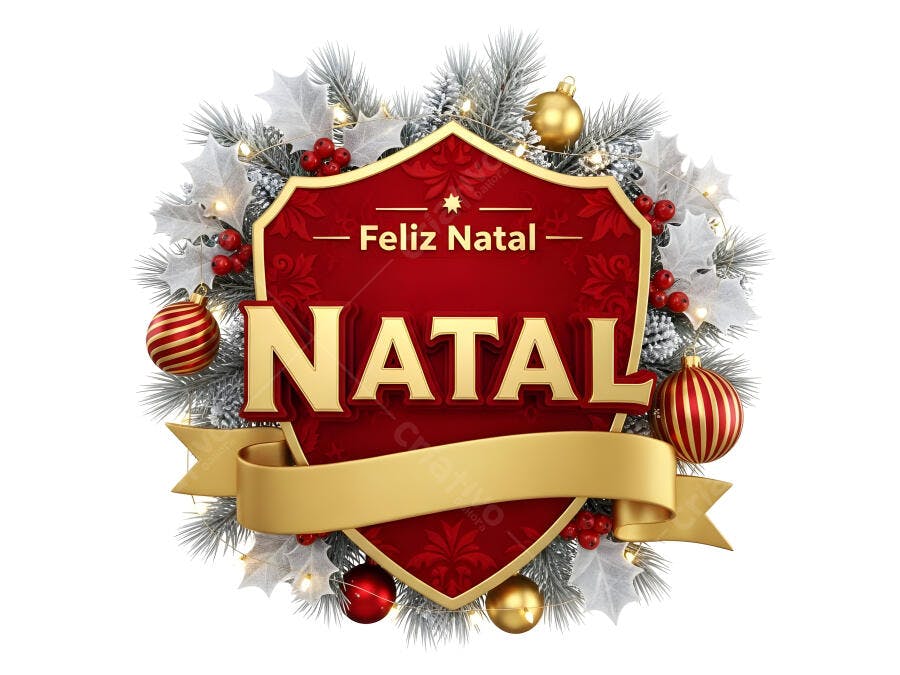 Emblema Feliz Natal dourado e vermelho com ornamentos festivos