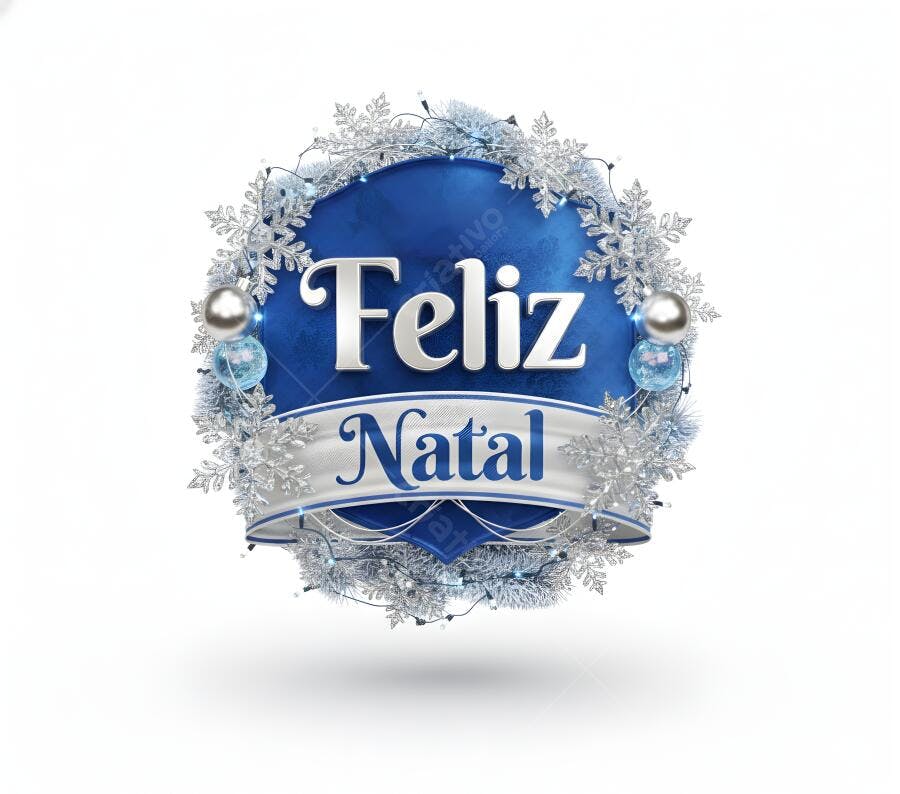 Feliz Natal design azul e prata com flocos de neve e luzes