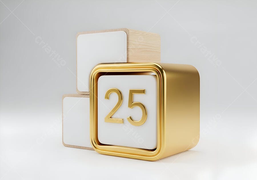Cubos decorativos dourado e madeira com número 25 em fundo branco