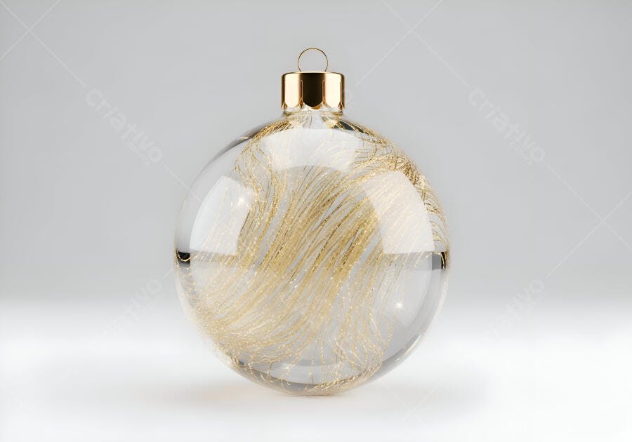 Bola de Natal transparente dourada em fundo branco minimalista