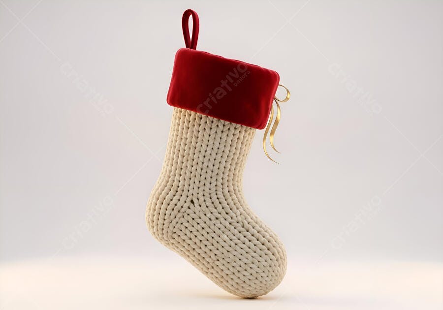 Meia de Natal tricotada creme com veludo vermelho e fita dourada