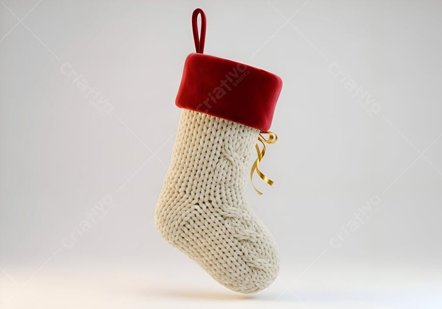 Meia de Natal branca de tricô com barra vermelha e laço dourado festivo