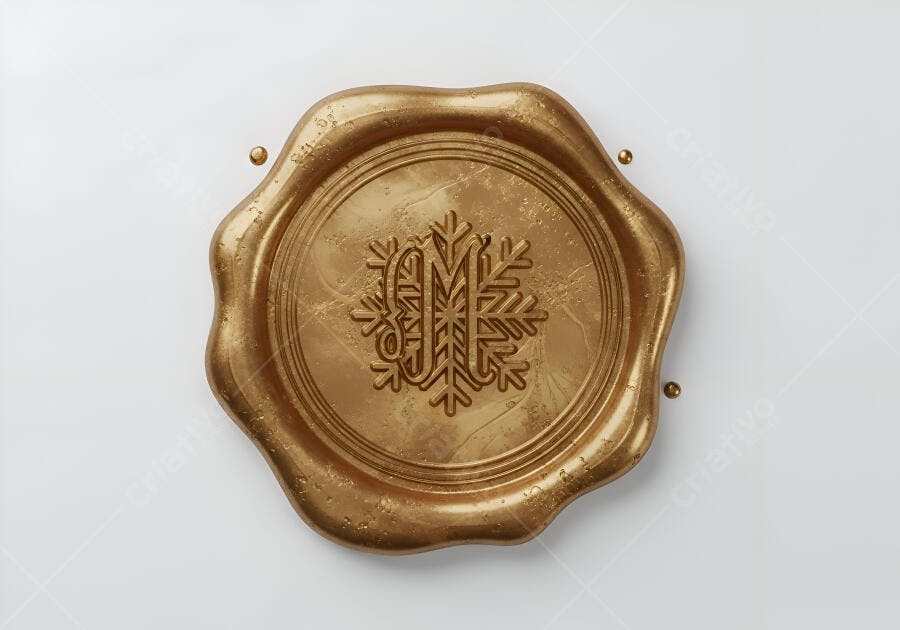 Selo de cera dourado com monograma M e floco de neve para Natal