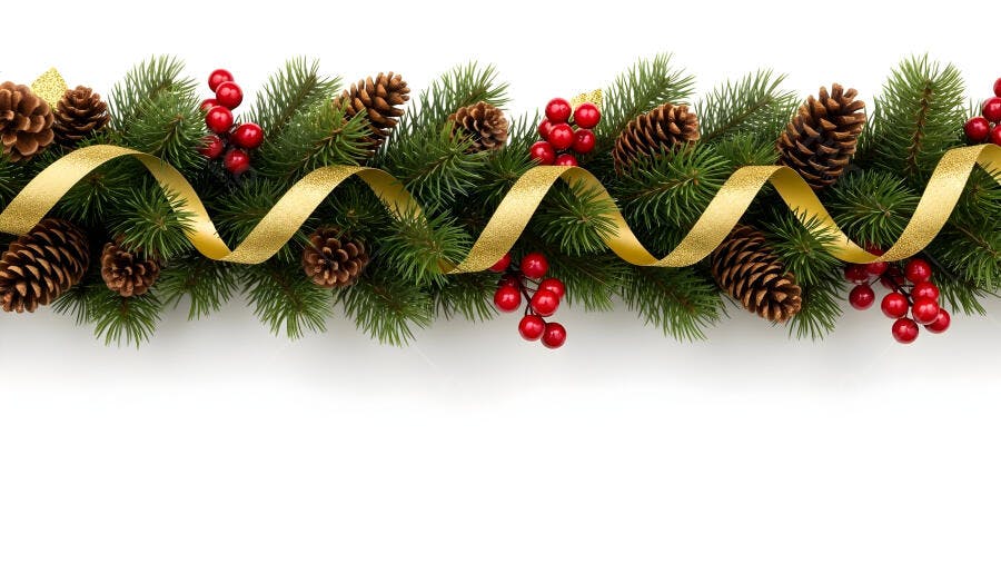 Guirlanda de Natal com pinhas, bagas vermelhas e fita dourada em fundo branco