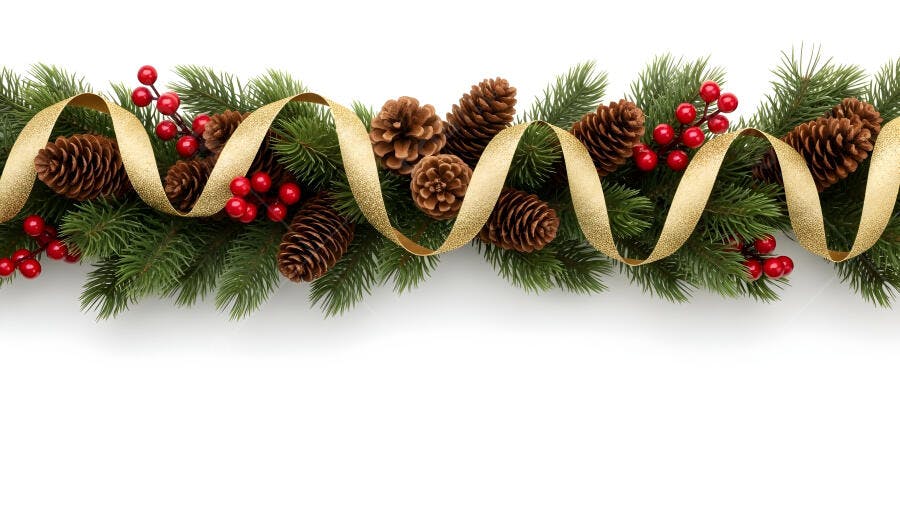 Guirlanda de Natal com pinhas, bagas vermelhas e fita dourada festiva
