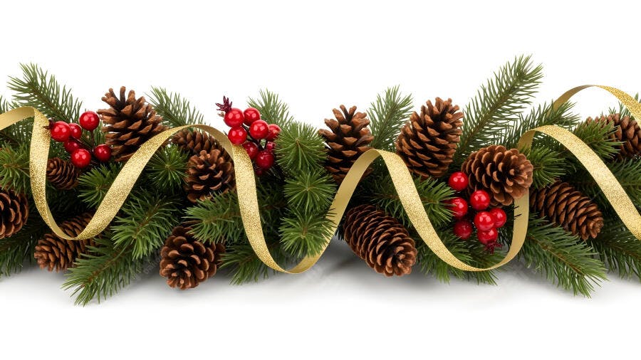 Guirlanda de Natal com pinhas, azevinho e fita dourada em fundo branco