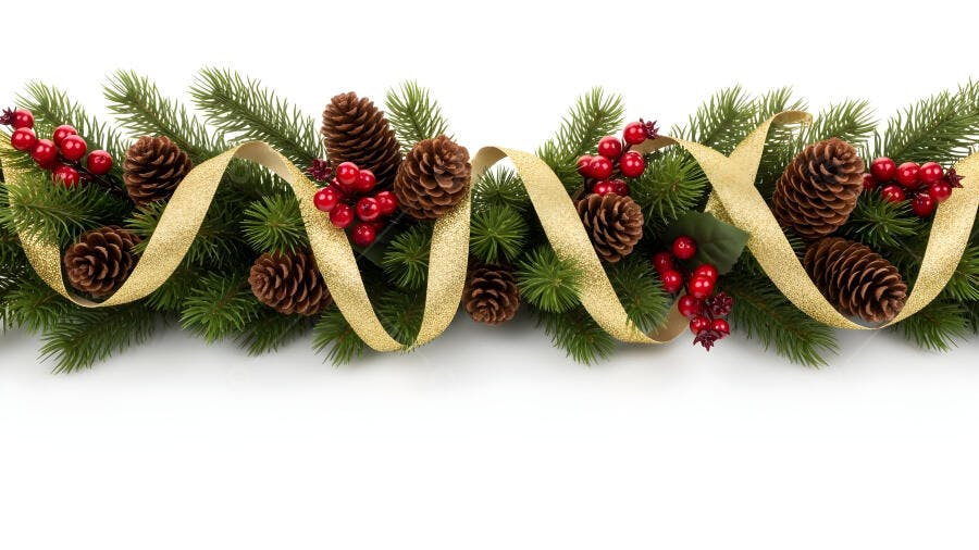 Guirlanda de Natal com pinhas bagas vermelhas e fita dourada em fundo branco
