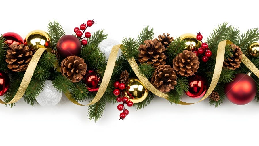 Guirlanda de Natal festiva com pinhas bolas douradas vermelhas e fita em fundo branco