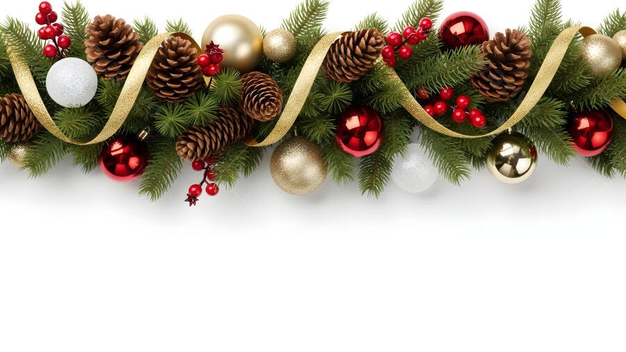 Guirlanda de Natal festiva com pinhas laço dourado e bolas vermelhas