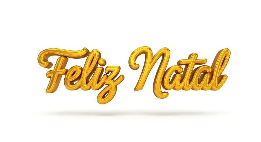 Texto Feliz Natal dourado 3D em fundo branco festivo
