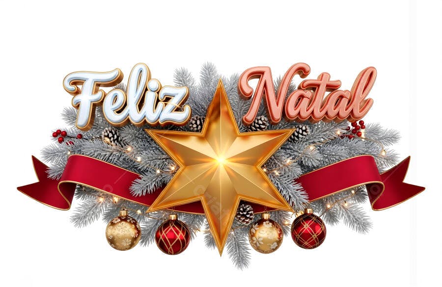 Decoração de Natal com estrela dourada ramos nevados e bolas festivas Feliz Natal