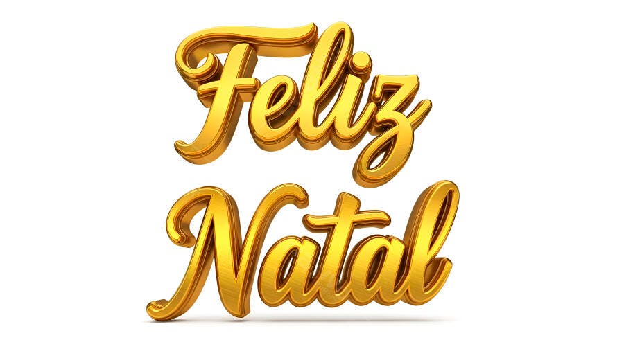 Feliz Natal texto 3D dourado brilhante em fundo branco festivo