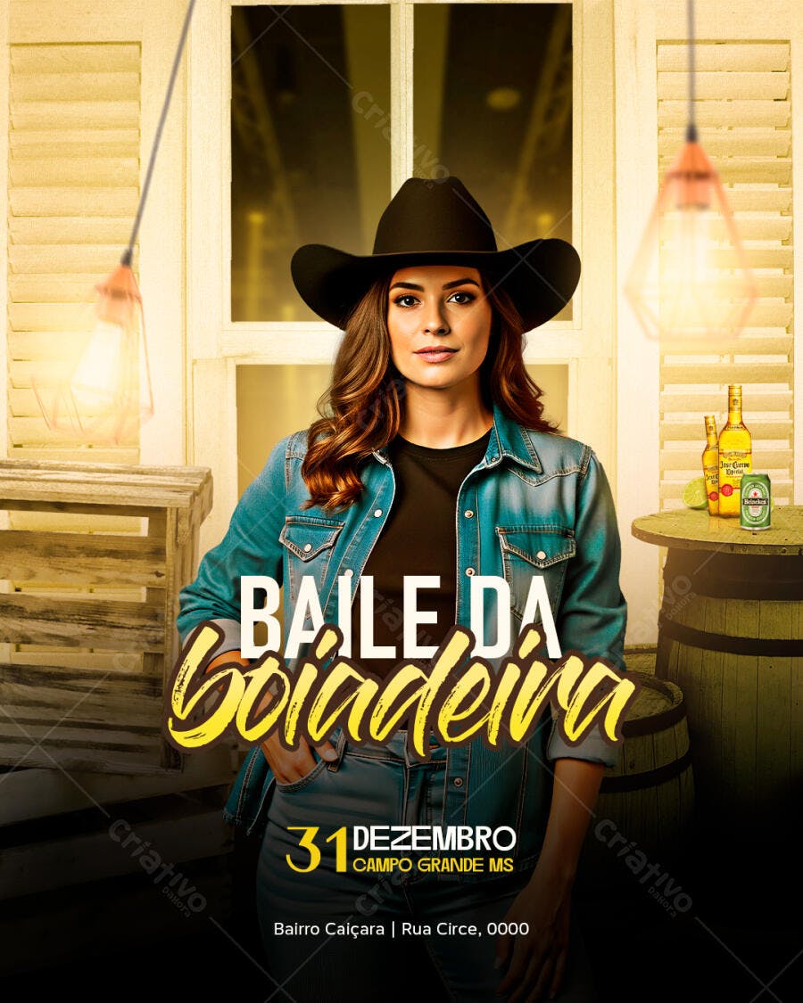 Flyer Baile da Boiadeira Mulher Cowboy Chapéu Jeans 31 Dezembro PSD Editável