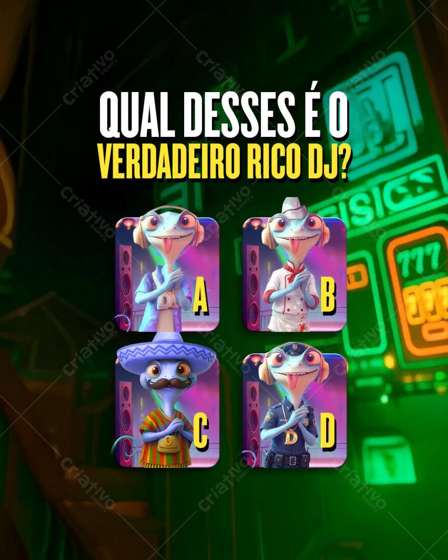 Post Interativo de Quiz QUAL O VERDADEIRO RICO DJ PSD Editável