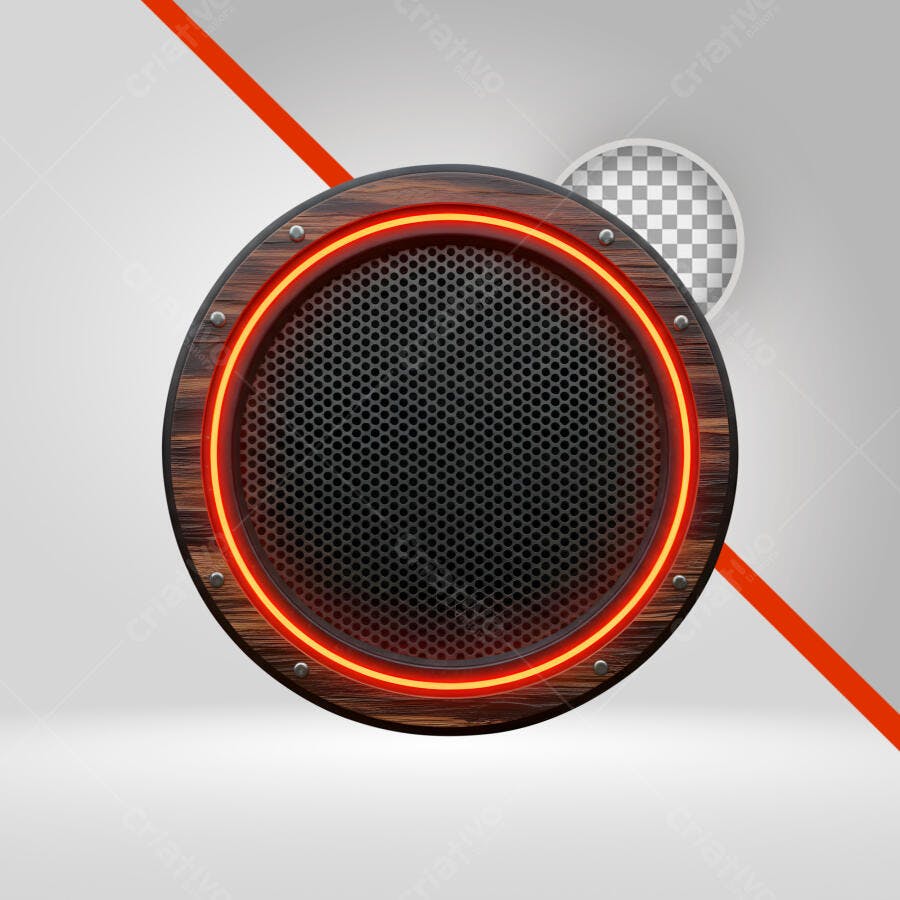 Icone de Audio com Moldura de Madeira Grade Metalica Neon Vermelho Laranja PNG com fundo transparente