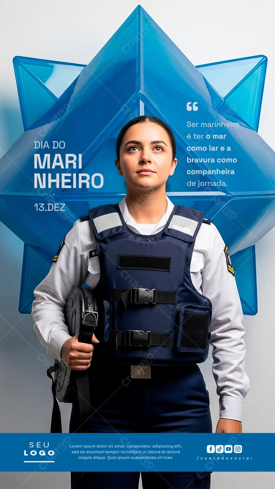 Flyer Dia do Marinheiro 13 Dezembro Mulher Colete Tático PSD Editável