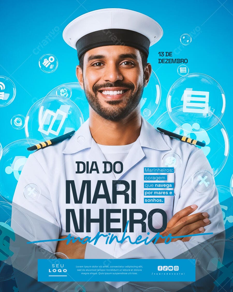 Flyer Dia do Marinheiro 13 de Dezembro com Marinheiro Sorrindo PSD Editável
