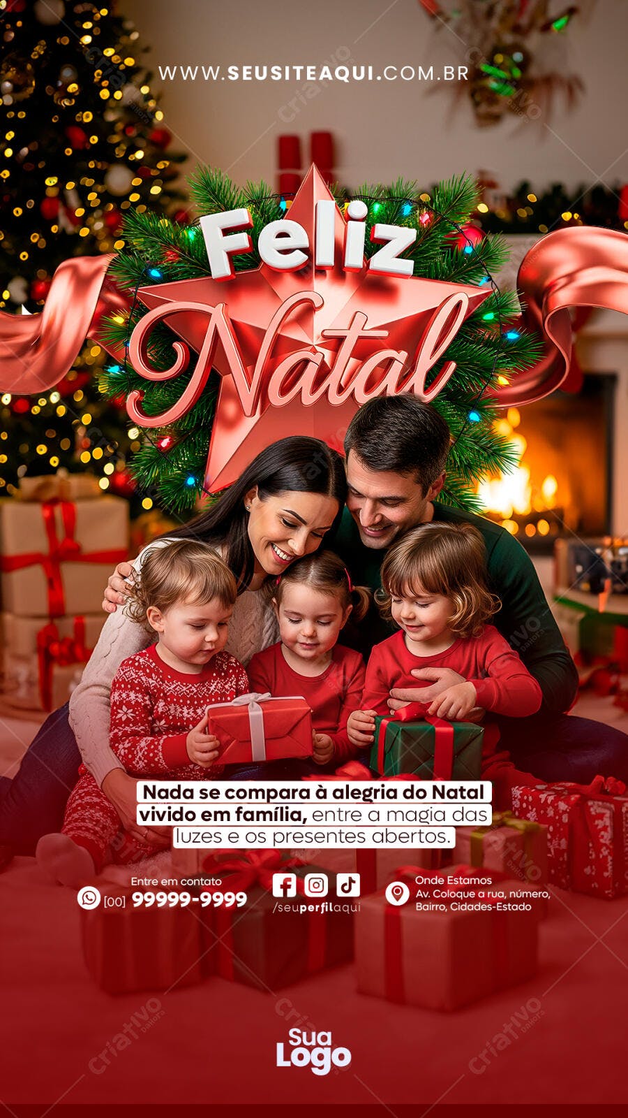 Post Redes Sociais Feliz Natal Família com Presentes PSD Editável