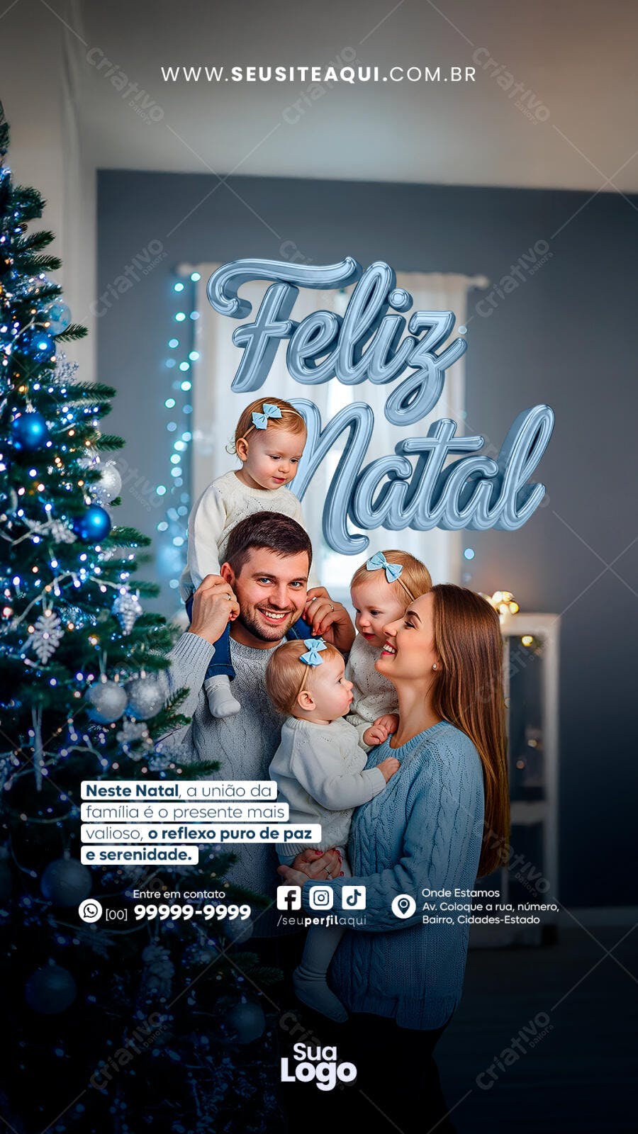 Card Digital Família Feliz Natal Azul PSD Editável