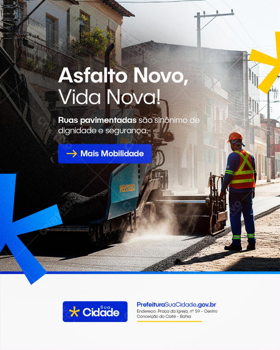 Flyer Municipal Obras Asfalto Novo com Trabalhador PSD Editável