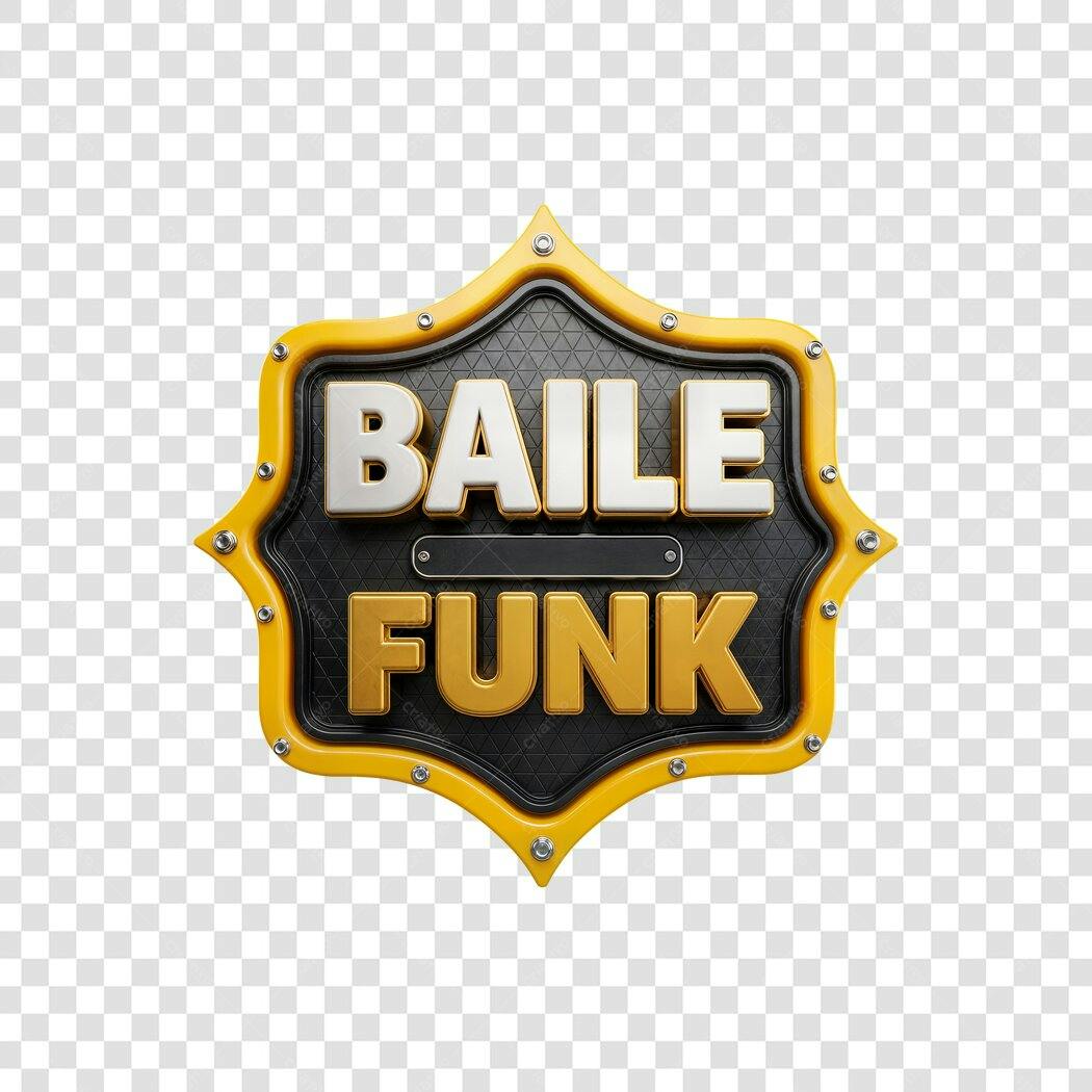 Emblema 3D Baile Funk metálico dourado e preto PNG com fundo transparente