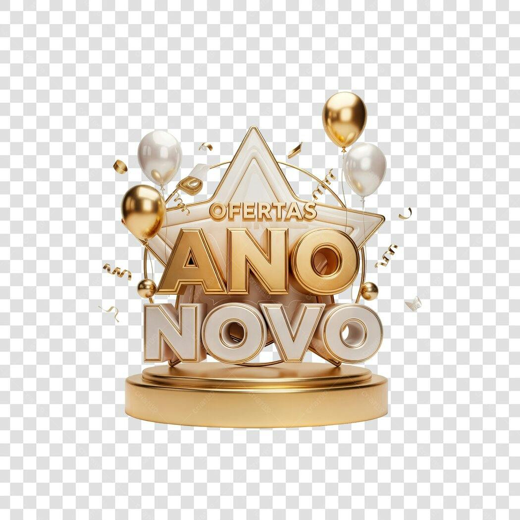 Título 3D Ofertas Ano Novo Dourado e Branco com Balões PNG com fundo transparente