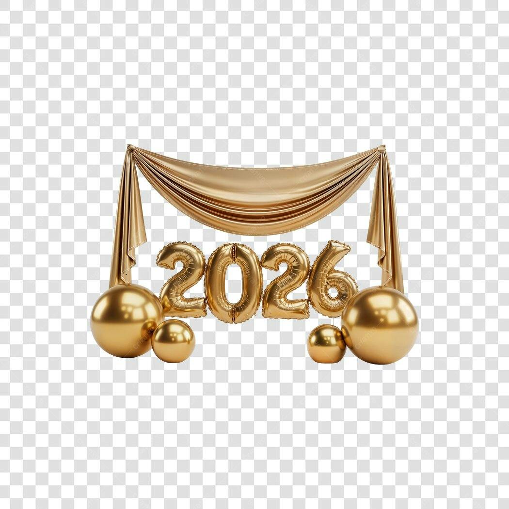 Elemento de Design Ano Novo 2026 Dourado Balões Cortina PNG Fundo Transparente