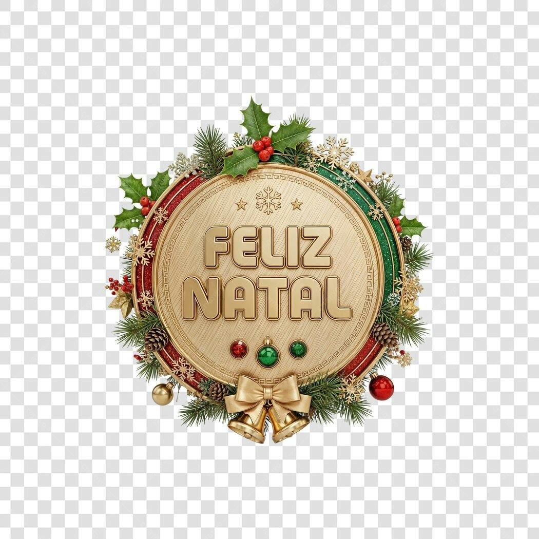 Selo Feliz Natal 3D Dourado Vermelho Verde com Fundo Transparente PNG