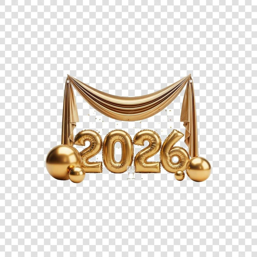 Elemento Gráfico Ano Novo 2026 Dourado Balões PNG com fundo transparente
