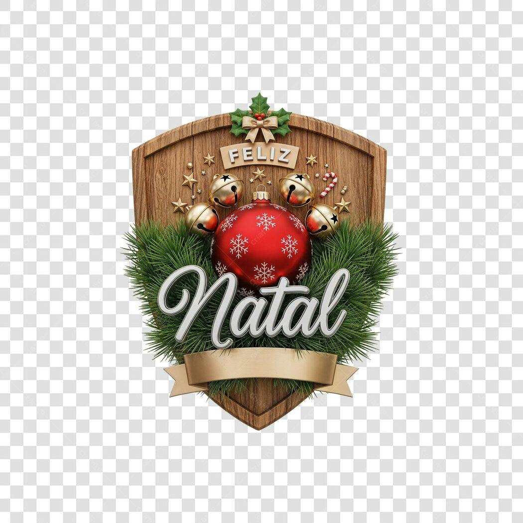 Selo Decorativo Feliz Natal Vermelho Dourado Verde Madeira PNG com fundo transparente