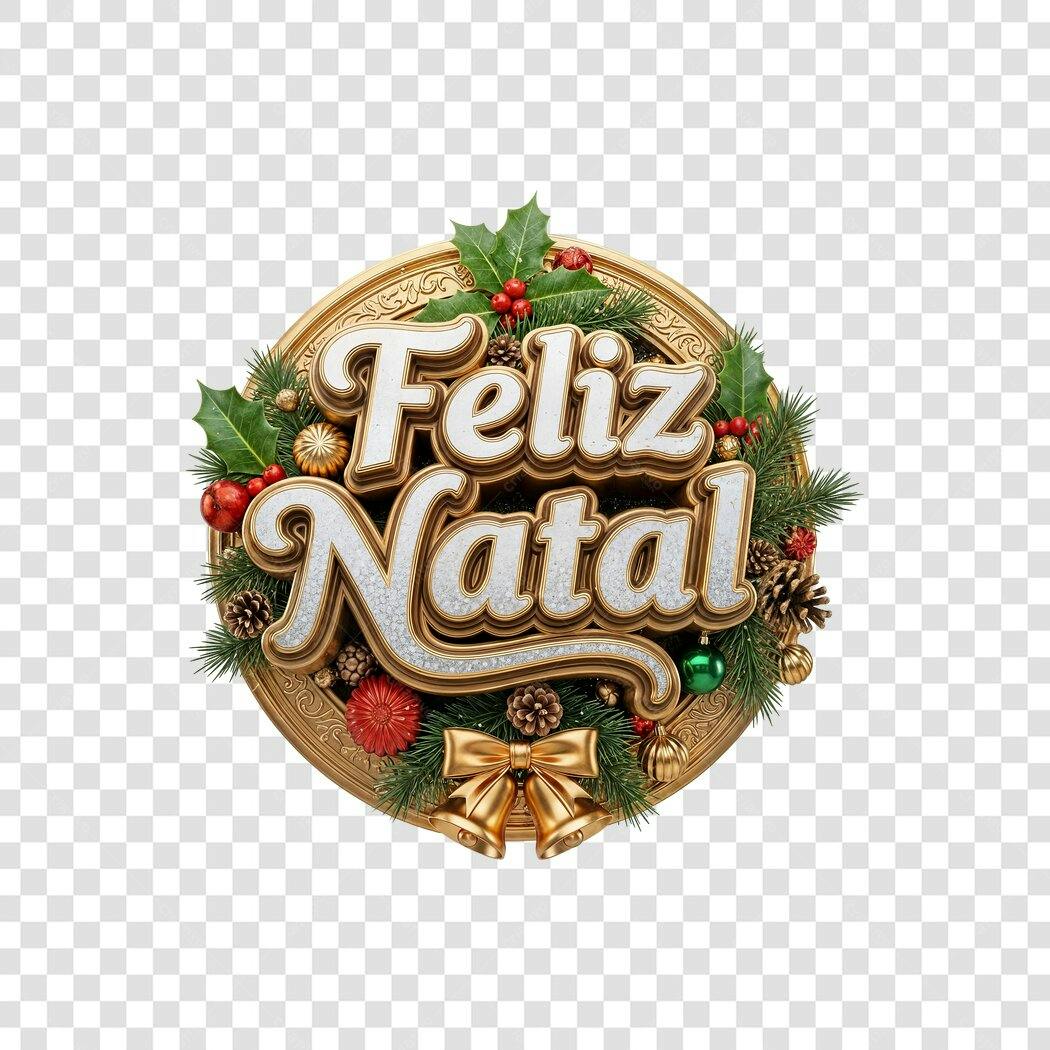 Selo decorativo 3D Feliz Natal com pinhas e azevinho dourado PNG com fundo transparente
