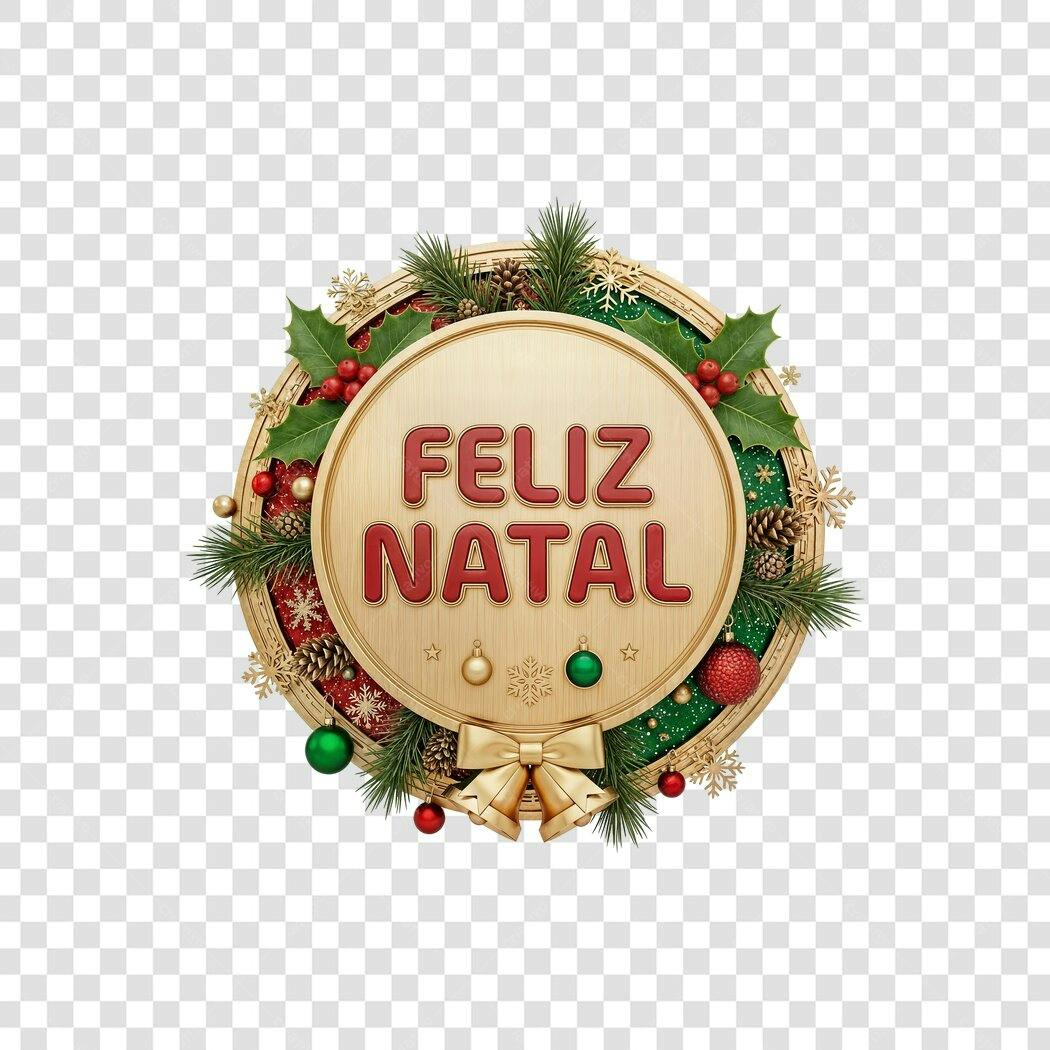 Selo Natalino Feliz Natal Dourado Vermelho Verde PNG com fundo transparente
