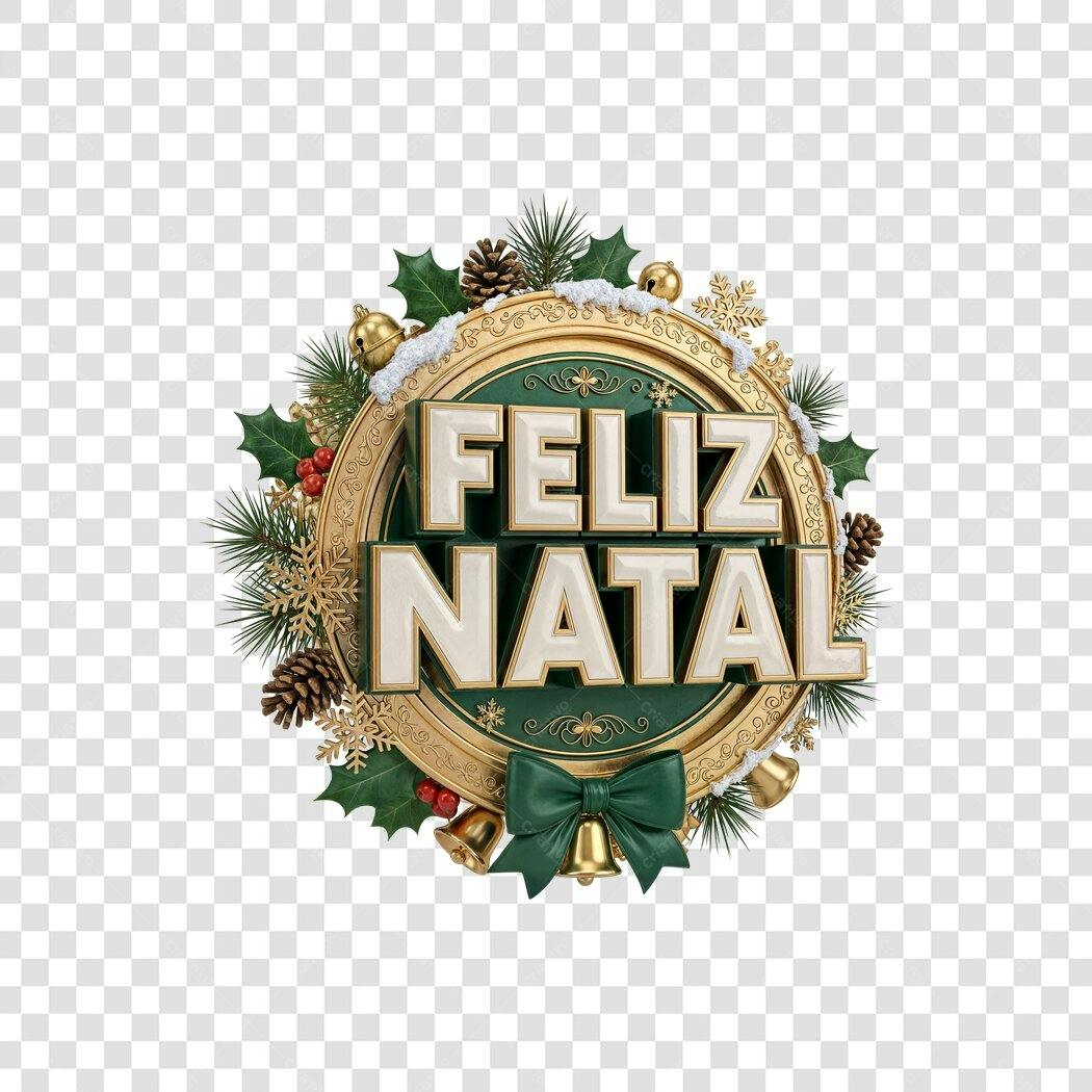 Selo Feliz Natal Dourado e Verde Clássico 3D PNG com fundo transparente