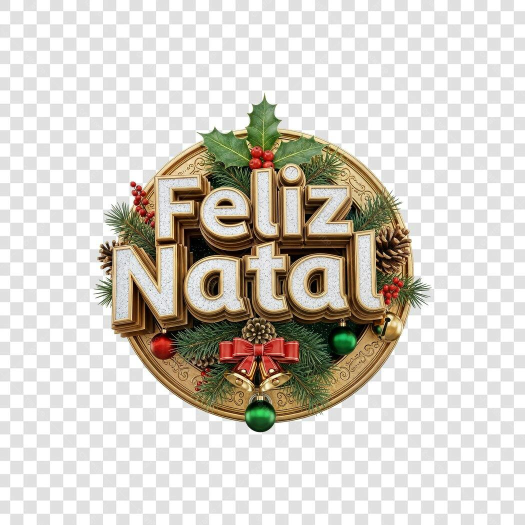 Ícone Feliz Natal dourado branco vermelho e verde com sinos e laço PNG com fundo transparente