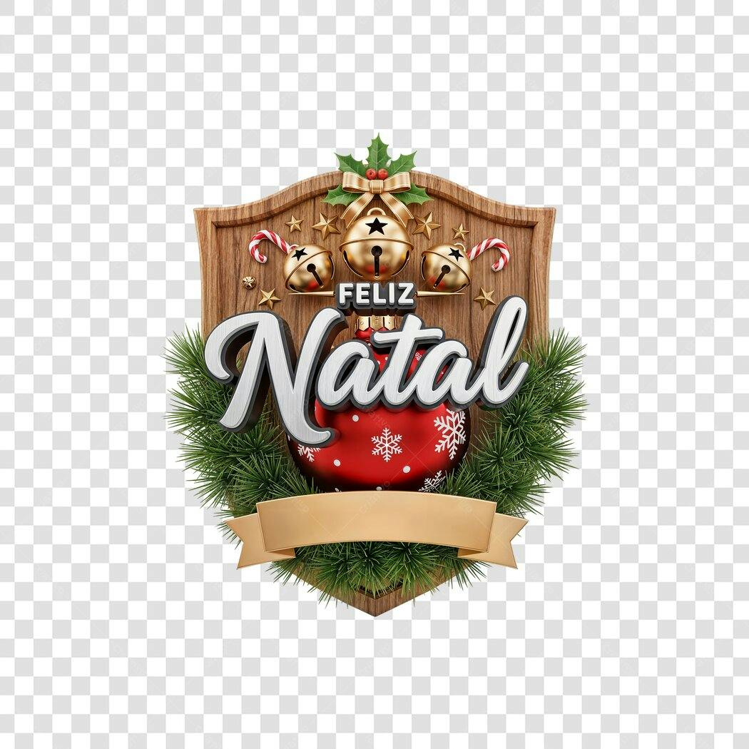 Selo Feliz Natal festivo com sinos dourados guirlanda verde e madeira PNG com fundo transparente