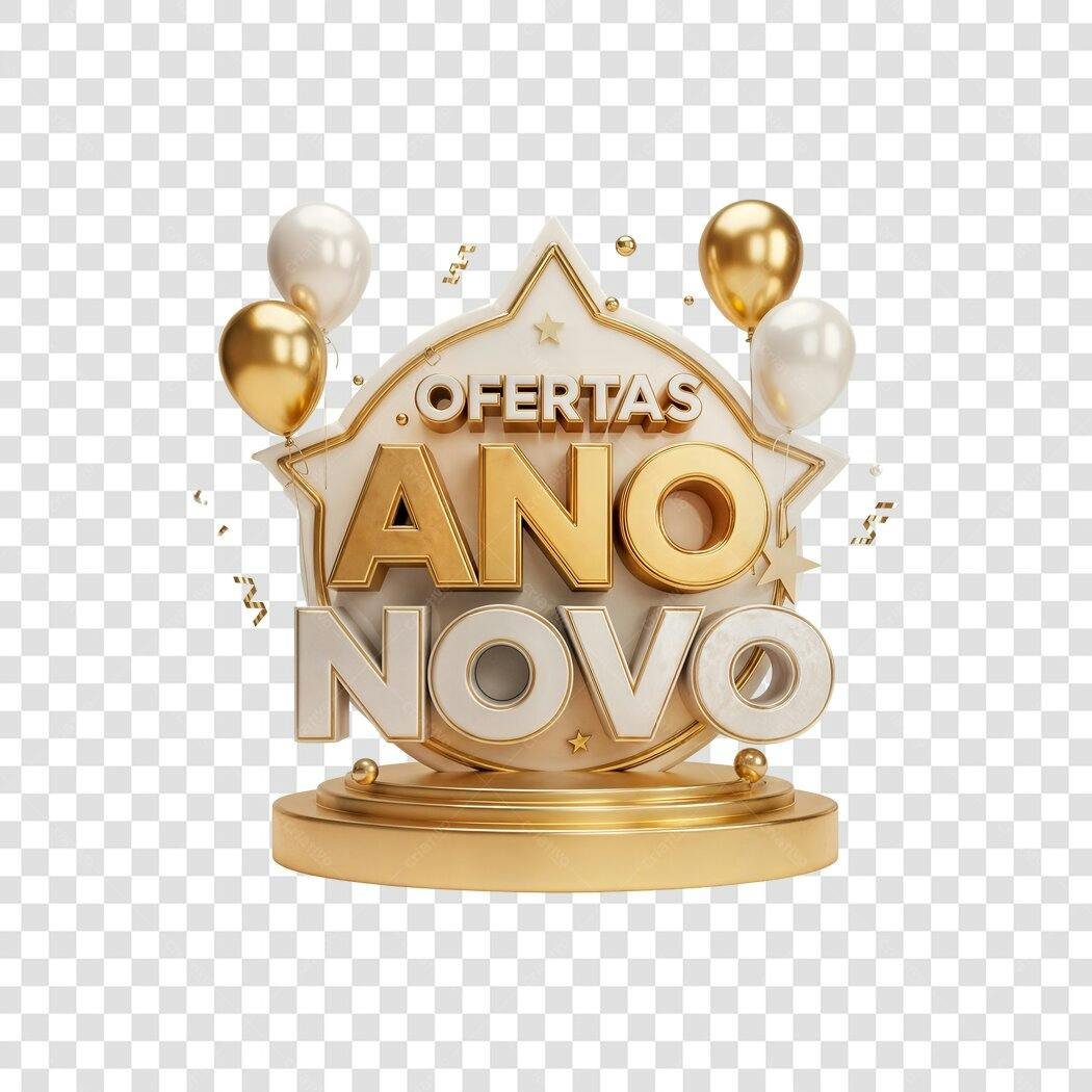 Selo Comercial Ofertas Ano Novo 3D Dourado Branco PNG com fundo transparente