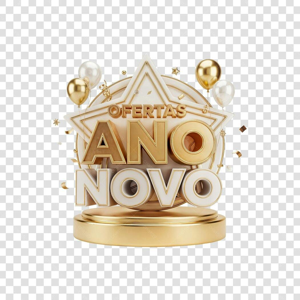 Elemento Promocional Ano Novo Ofertas 3D Dourado e Branco PNG com fundo transparente