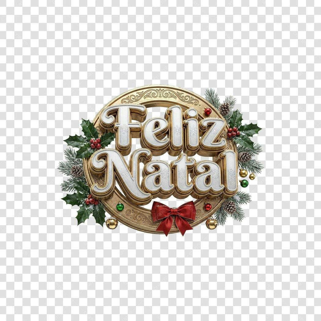 Título 3D Feliz Natal Clássico Dourado e Prateado com Enfeites PNG com fundo transparente