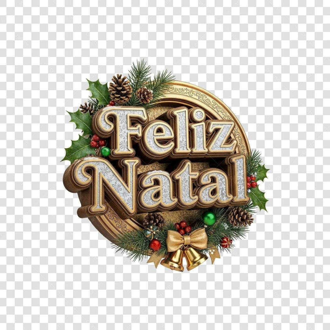 Selo Natal Feliz Natal 25 de Dezembro 3D dourado com azevinho e sinos PNG com fundo transparente