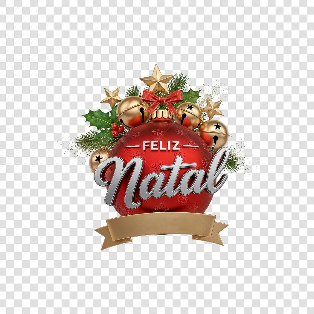 Composição Natalina Feliz Natal Vermelho Dourado Sinos Estrelas PNG fundo transparente