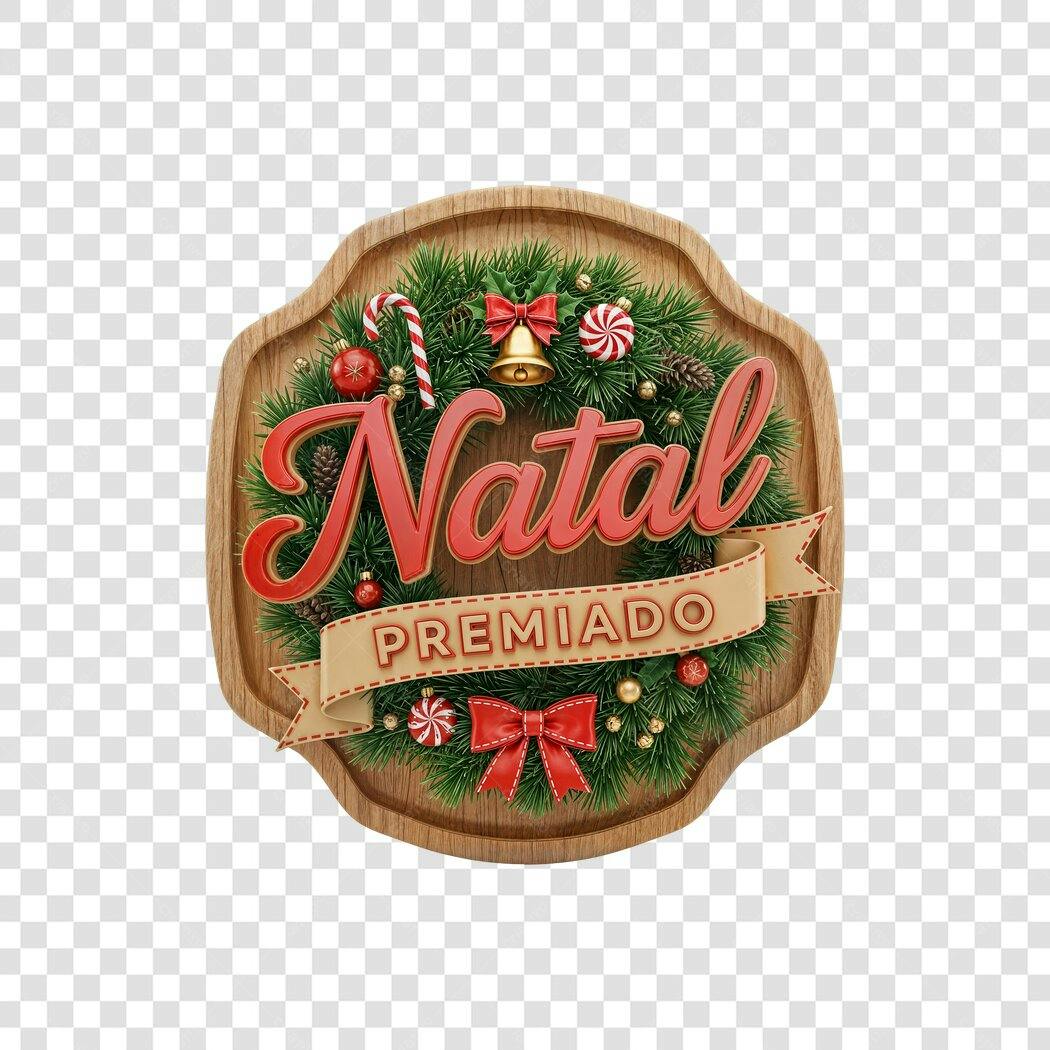 Selo Natal Premiado guirlanda vermelho verde dourado madeira PNG com fundo transparente