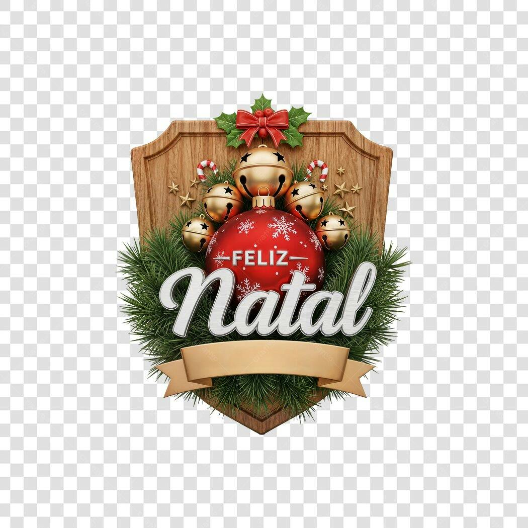 Elemento 3D Feliz Natal Vermelho Dourado Pinhas Sinos PNG com fundo transparente