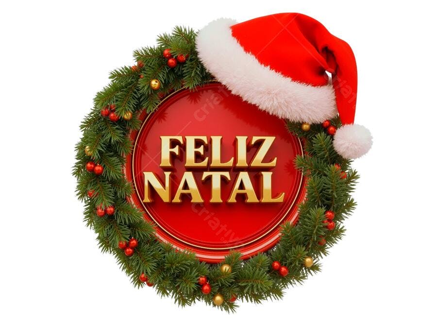 Selo 3D de Natal festivo com guirlanda e gorro de Papai Noel dourado e vermelho