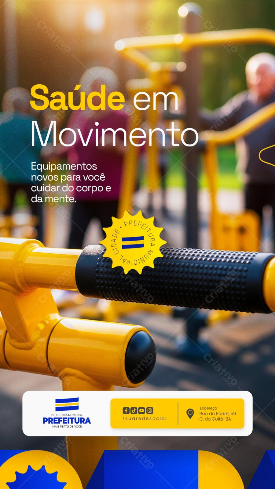 Flyer Saúde em Movimento para Pessoas Idosas com Equipamentos Amarelos PSD Editável
