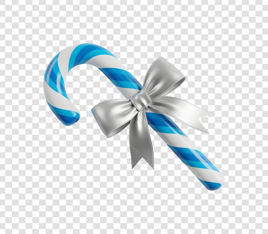 Elemento Gráfico Natalino Bengala Doce Azul Branco Laço Prata PNG com fundo transparente