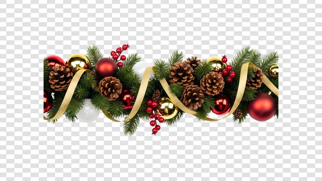Decoração Natalina Festiva Ramos Pinhas Bolas Vermelhas Douradas PNG com fundo transparente