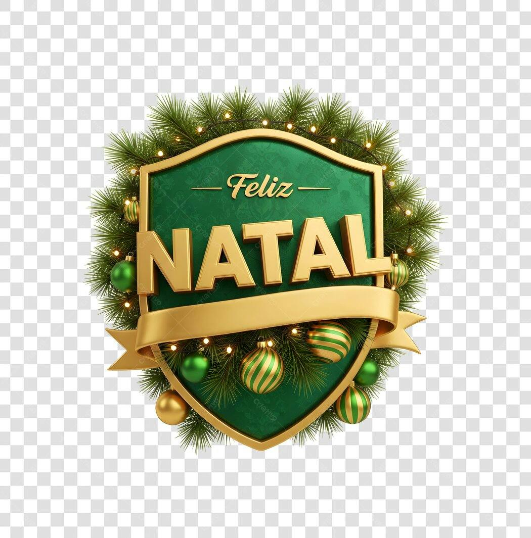 Emblema Festivo Feliz Natal Dourado e Verde com Pinheiros e Luzes PNG com fundo transparente