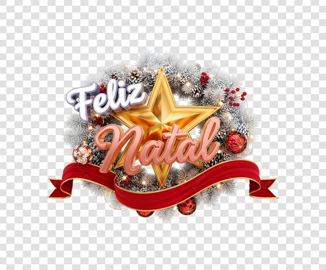 Título 3D Feliz Natal Guirlanda Nevada Estrela Dourada Fita Vermelha PNG com fundo transparente