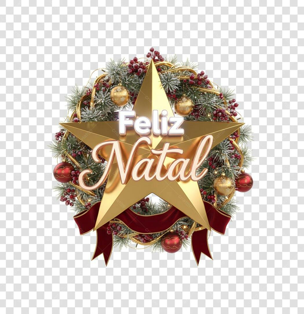 Decoração Natalina Estrela Dourada Feliz Natal Guirlanda PNG com fundo transparente