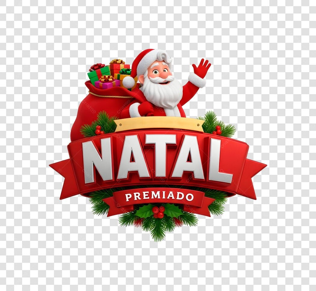 Selo Natal Premiado Papai Noel e Presentes 3D PNG com fundo transparente